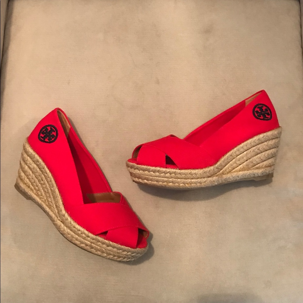 *SOLD*Tory Burch Red Canvas Peep Toe Wedges - Picture 1 of 8